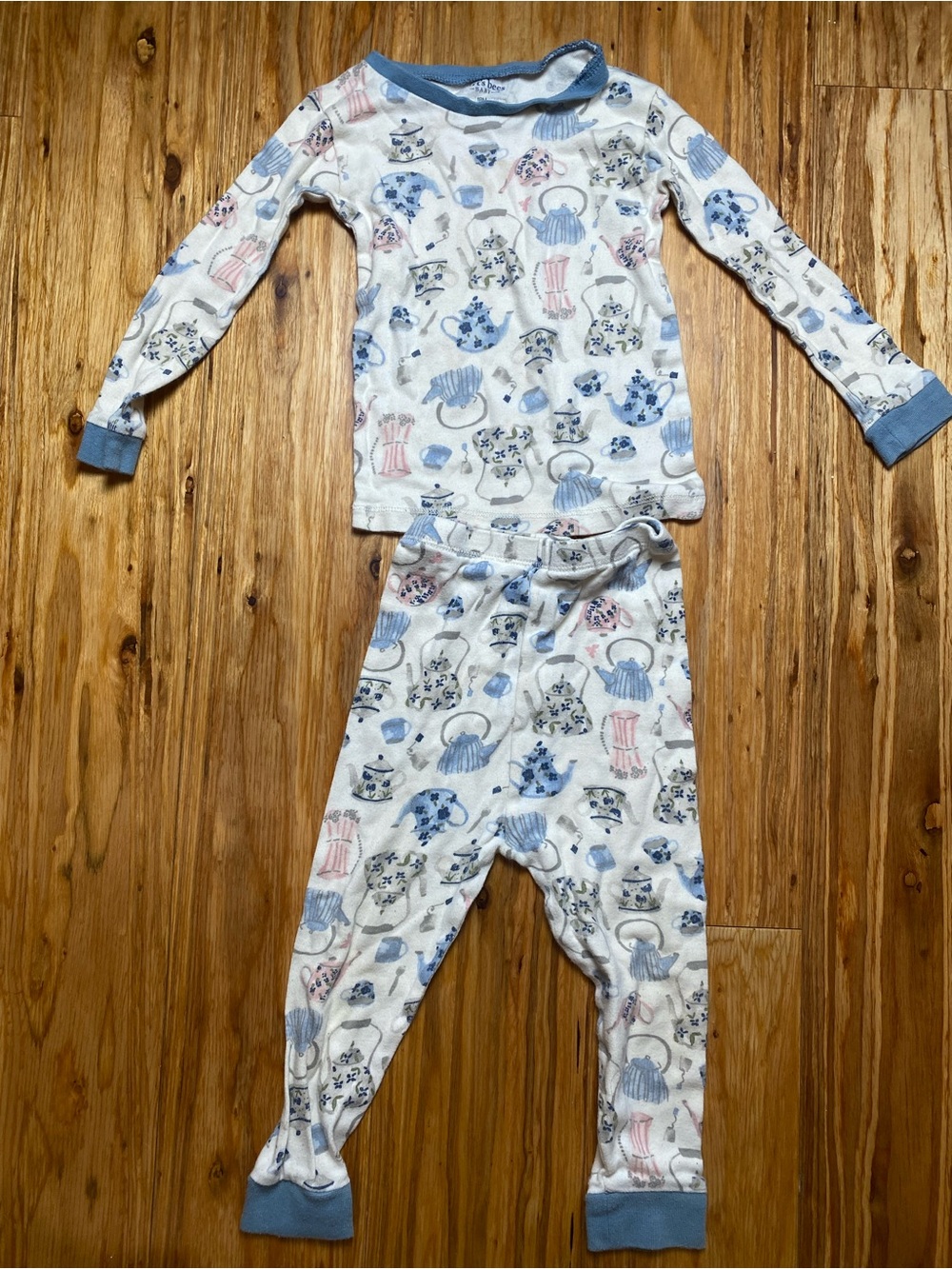Burt's Bees Baby White Pajama Set with Blue & Blush Tea Party Print